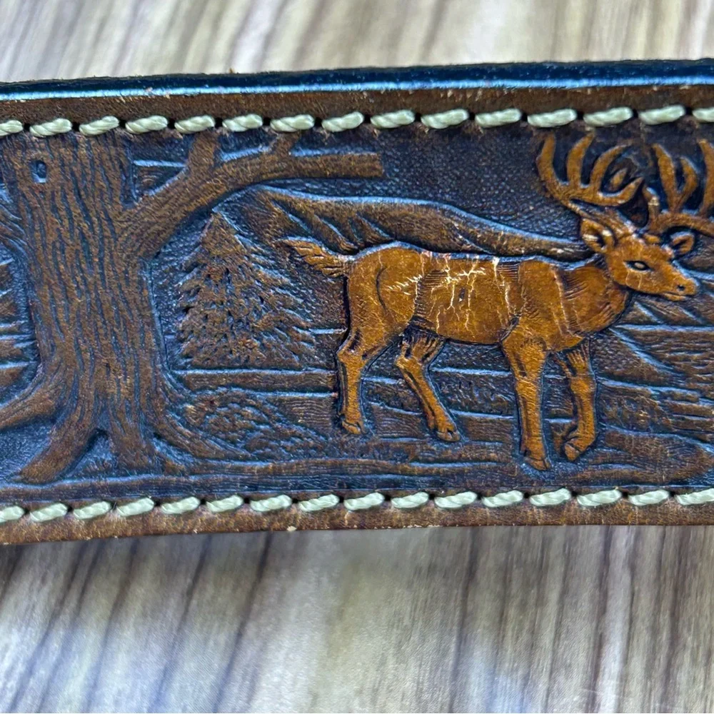 Vintage Deerslayer Hand Tooled Leather Belt Woodland Scene Made in USA - Size 56